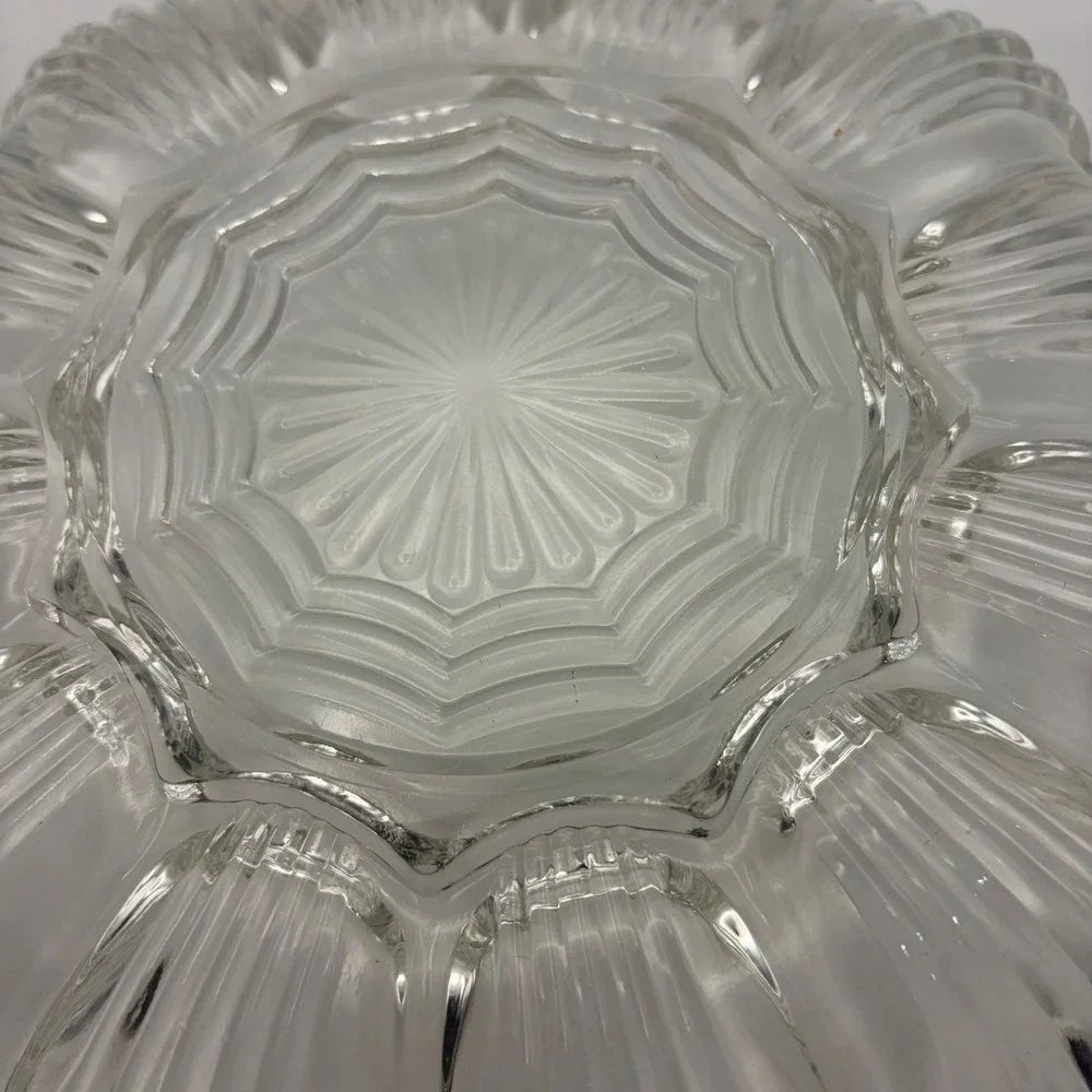 Vintage Clear Glass Deviled Egg Platter Scalloped Shell Design 9 Inch Round Tray